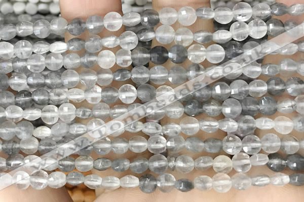 CCB533 15.5 inches 4mm faceted coin cloudy quartz beads