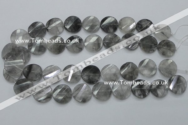 CCQ143 15.5 inches 20mm faceted & twisted coin cloudy quartz beads