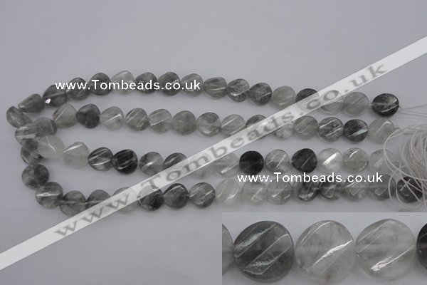 CCQ272 15.5 inches 12mm faceted & twisted coin cloudy quartz beads