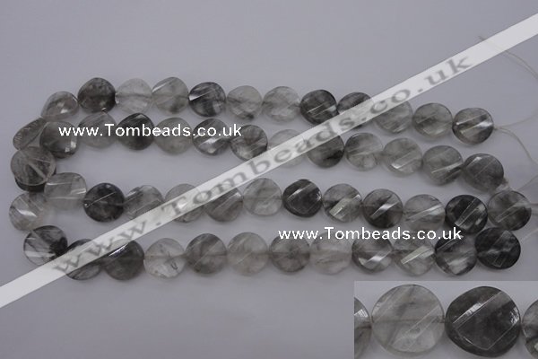 CCQ273 15.5 inches 15mm faceted & twisted coin cloudy quartz beads