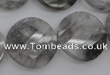 CCQ275 15.5 inches 25mm faceted & twisted coin cloudy quartz beads