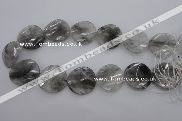 CCQ276 15.5 inches 30mm faceted & twisted coin cloudy quartz beads