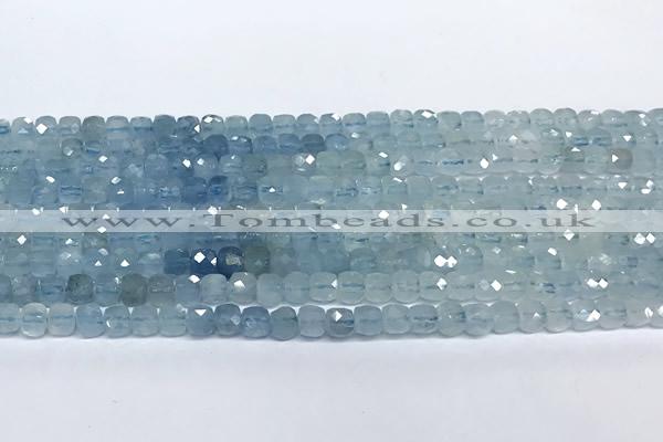 CCU1005 15 inches 4mm faceted cube aquamarine beads