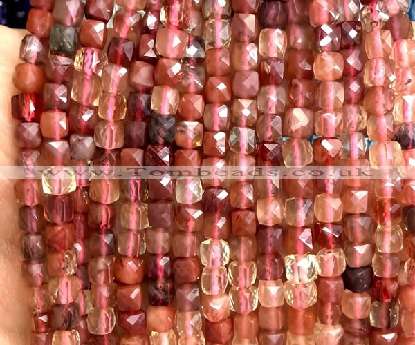 CCU1809 15 inches 4mm faceted cube red rabbit hair quartz beads
