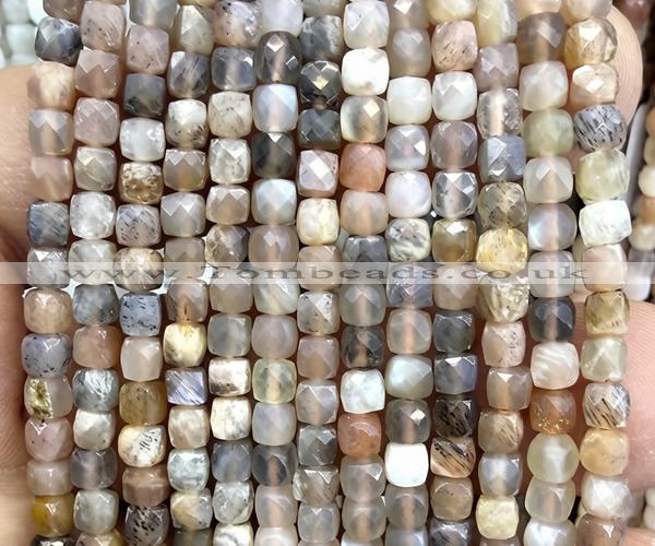 CCU1830 15 inches 4mm faceted cube rainbow moonstone beads