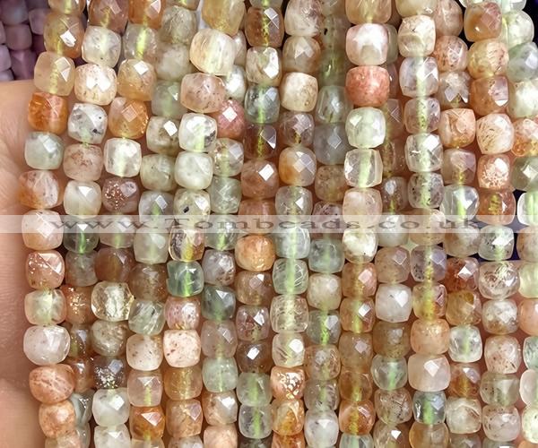 CCU1836 15 inches 4mm faceted cube arusha sunstone beads