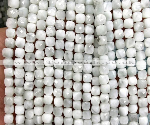 CCU1883 15 inches 4mm faceted cube green angel skin beads