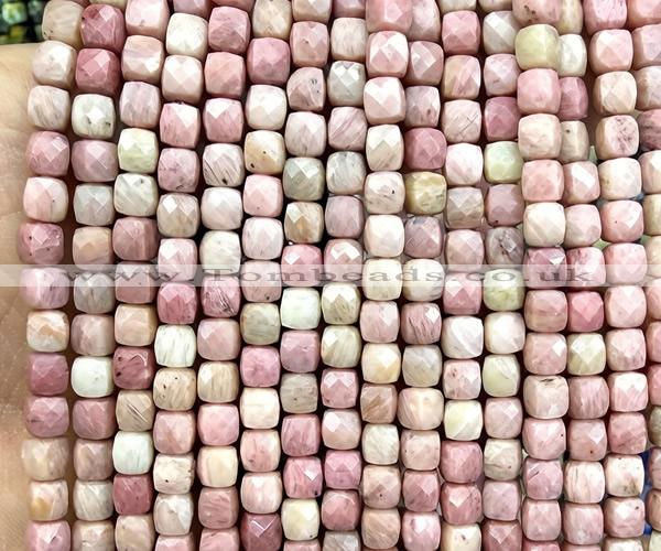 CCU1900 15 inches 4mm faceted cube pink wooden jasper beads