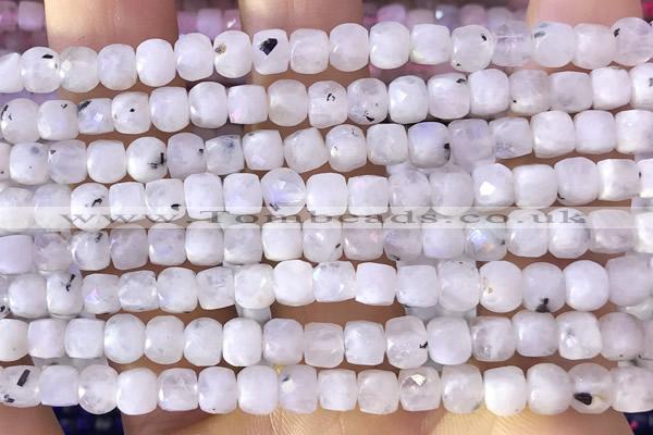 CCU801 15 inches 4mm faceted cube white moonstone beads