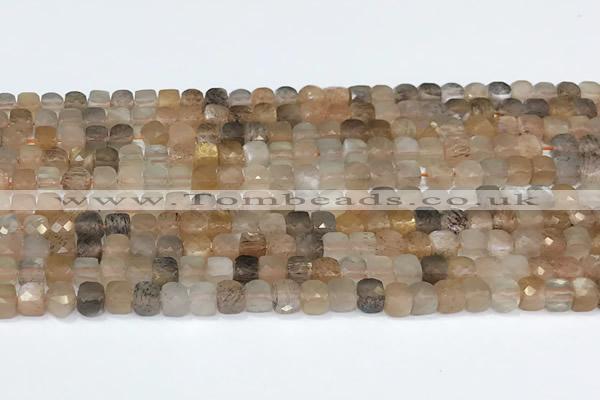 CCU837 15 inches 4mm faceted cube sunstone beads