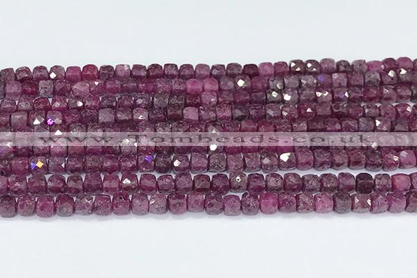 CCU842 15 inches 4mm faceted cube ruby beads