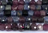 CCU890 15 inches 4mm faceted cube ruby sapphire beads