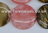 CCY214 15.5 inches 30mm flat round volcano cherry quartz beads