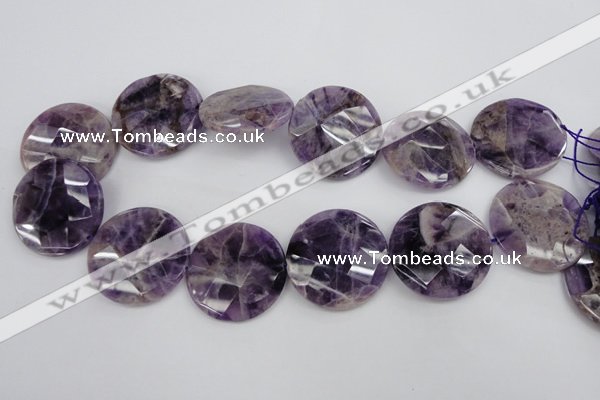 CDA44 15.5 inches 32mm faceted coin dogtooth amethyst beads