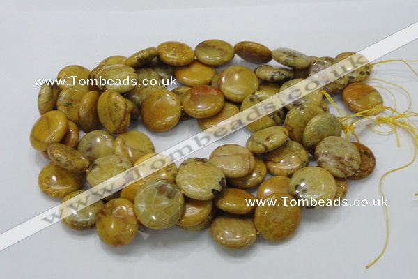 CFA44 15.5 inches 25mm flat round yellow chrysanthemum agate beads