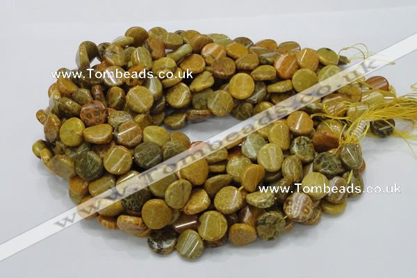 CFA55 15.5 inches 15mm twisted coin yellow chrysanthemum agate beads