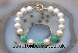CFB1033 Hand-knotted 9mm - 10mm potato white freshwater pearl & peafowl agate bracelet