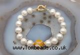 CFB1037 Hand-knotted 9mm - 10mm potato white freshwater pearl & yellow banded agate bracelet