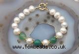 CFB1040 Hand-knotted 9mm - 10mm potato white freshwater pearl & green banded agate bracelet