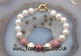 CFB1045 Hand-knotted 9mm - 10mm potato white freshwater pearl & pink wooden jasper bracelet