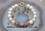 CFB1052 Hand-knotted 9mm - 10mm potato white freshwater pearl & rhodonite bracelet