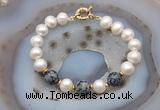 CFB1058 Hand-knotted 9mm - 10mm potato white freshwater pearl & snowflake obsidian bracelet