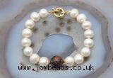 CFB1059 Hand-knotted 9mm - 10mm potato white freshwater pearl & mahogany obsidian bracelet