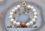 CFB1068 Hand-knotted 9mm - 10mm potato white freshwater pearl & picasso jasper bracelet