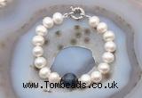 CFB1071 Hand-knotted 9mm - 10mm potato white freshwater pearl & blue tiger eye bracelet