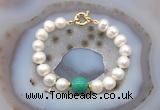 CFB1077 Hand-knotted 9mm - 10mm potato white freshwater pearl & grass agate bracelet