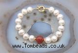 CFB1078 Hand-knotted 9mm - 10mm potato white freshwater pearl & red agate bracelet