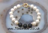 CFB1080 Hand-knotted 9mm - 10mm potato white freshwater pearl & black lava bracelet