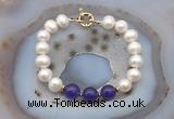 CFB1087 Hand-knotted 9mm - 10mm potato white freshwater pearl & candy jade bracelet