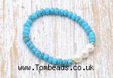 CFB704 faceted rondelle turquoise & potato white freshwater pearl stretchy bracelet