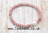 CFB727 faceted rondelle pink wooden jasper & potato white freshwater pearl stretchy bracelet