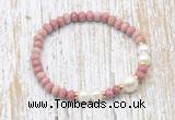 CFB729 faceted rondelle pink wooden jasper & potato white freshwater pearl stretchy bracelet