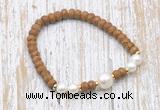 CFB741 faceted rondelle wooden jasper & potato white freshwater pearl stretchy bracelet