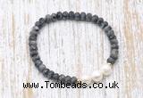 CFB752 faceted rondelle black labradorite & potato white freshwater pearl stretchy bracelet