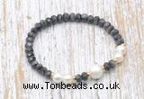 CFB753 faceted rondelle black labradorite & potato white freshwater pearl stretchy bracelet