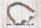 CFB759 faceted rondelle unakite & potato white freshwater pearl stretchy bracelet