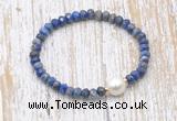 CFB772 faceted rondelle lapis lazuli & potato white freshwater pearl stretchy bracelet