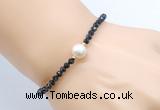 CFB825 4mm faceted round black tourmaline & potato white freshwater pearl bracelet