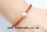 CFB832 4mm faceted round red agate & potato white freshwater pearl bracelet