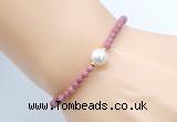 CFB842 4mm faceted round pink wooden jasper & potato white freshwater pearl bracelet