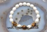 CFB915 9mm - 10mm rice white freshwater pearl & yellow tiger eye stretchy bracelet