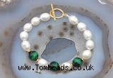 CFB917 Hand-knotted 9mm - 10mm rice white freshwater pearl & green tiger eye bracelet