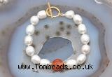 CFB921 Hand-knotted 9mm - 10mm rice white freshwater pearl & red banded agate bracelet