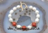 CFB927 Hand-knotted 9mm - 10mm rice white freshwater pearl & red jasper bracelet
