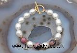 CFB929 Hand-knotted 9mm - 10mm rice white freshwater pearl & rhodonite bracelet