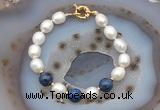 CFB931 Hand-knotted 9mm - 10mm rice white freshwater pearl & dumortierite bracelet